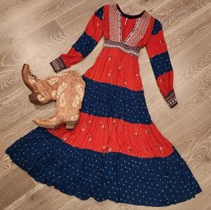Free People Starlight Bohemian Red and Blue Maxi Dress